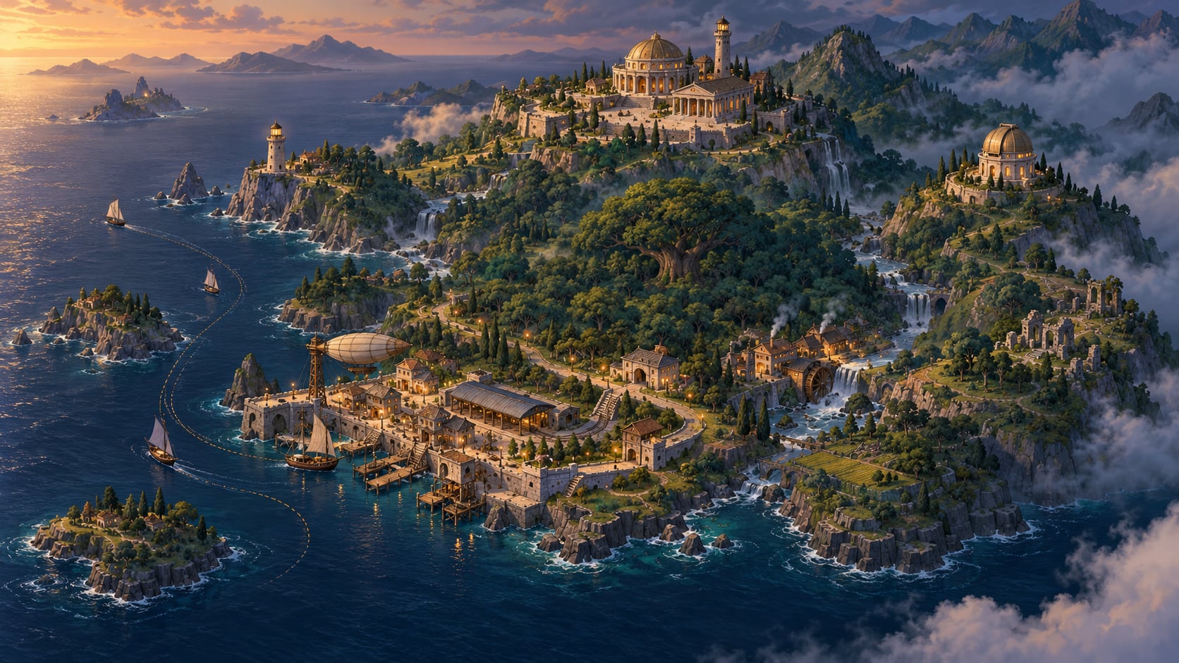 Arcadia at dusk, seen from high above. The Capital crowns the hilltop, the Observatory's dome stands on the heights to the right and a lighthouse on the left headland, with a great tree at the heart of the forest between them. Streams fall in waterfalls towards the Port on the shore below: an airship at its mooring mast, docks, a rail shed and moored ships. Sailing ships follow a dotted sea lane past small islets, distant islands lie under the sunset, and cloud closes the right-hand edge.